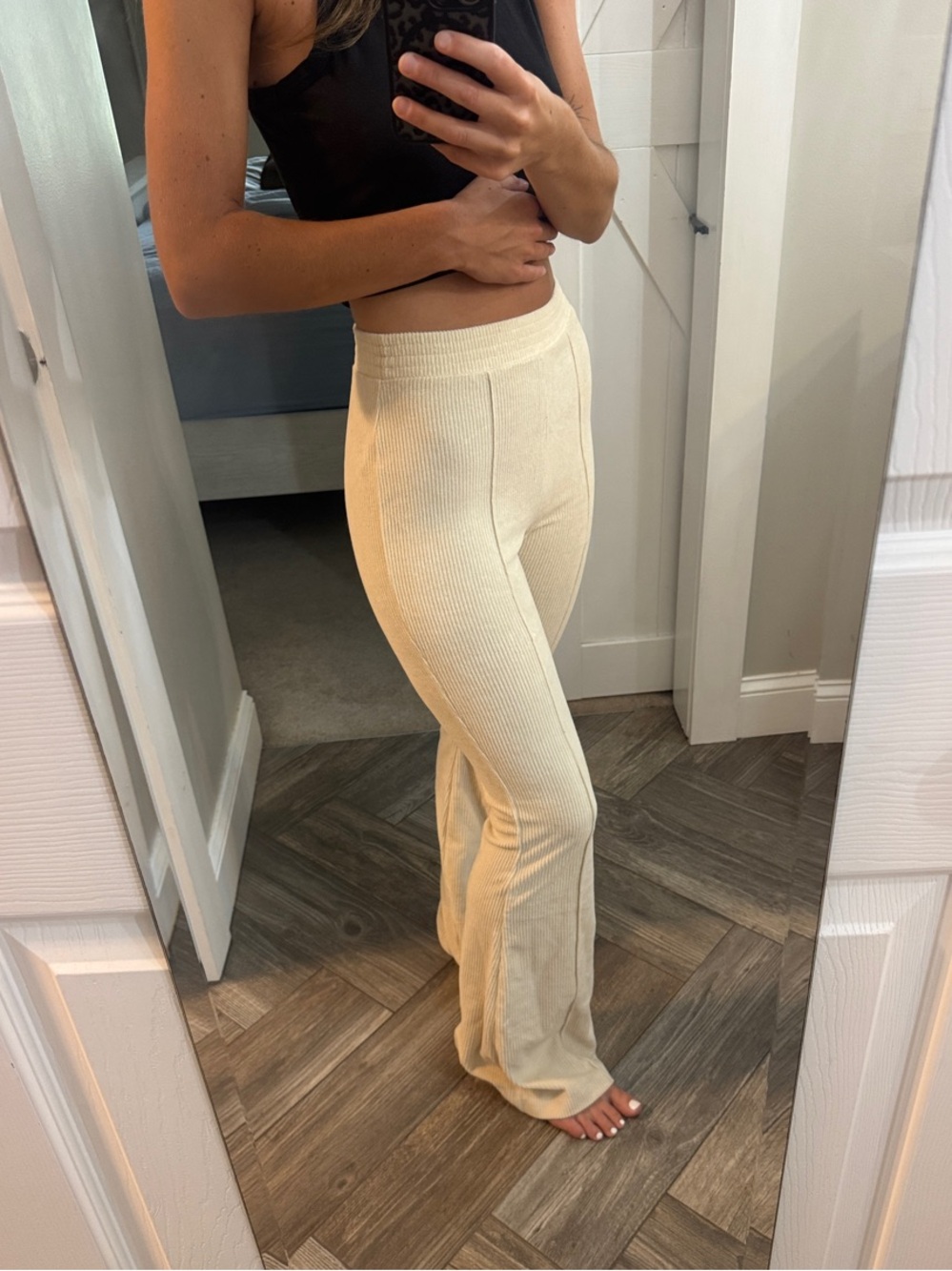 Aerie Ribbed Knit Flare Pants in Cream - Women's Casual Stretch Trousers- xs